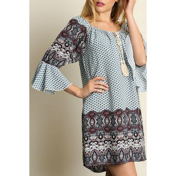 UMGEE Mix Print Boho Dress Sz S Bell 3/4 Sleeve Tunic - Picture 9 of 9